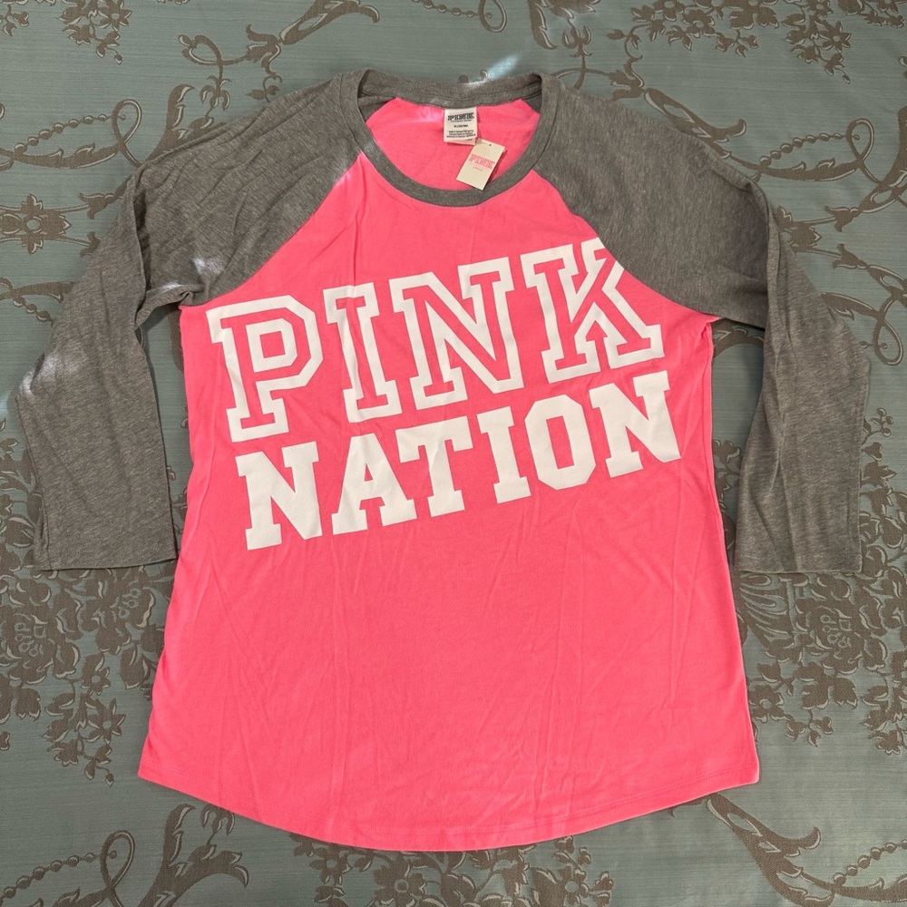 Victoria's Secret PINK Nation Coral Pink Gray 3/4 Sleeve Baseball Tee Medium